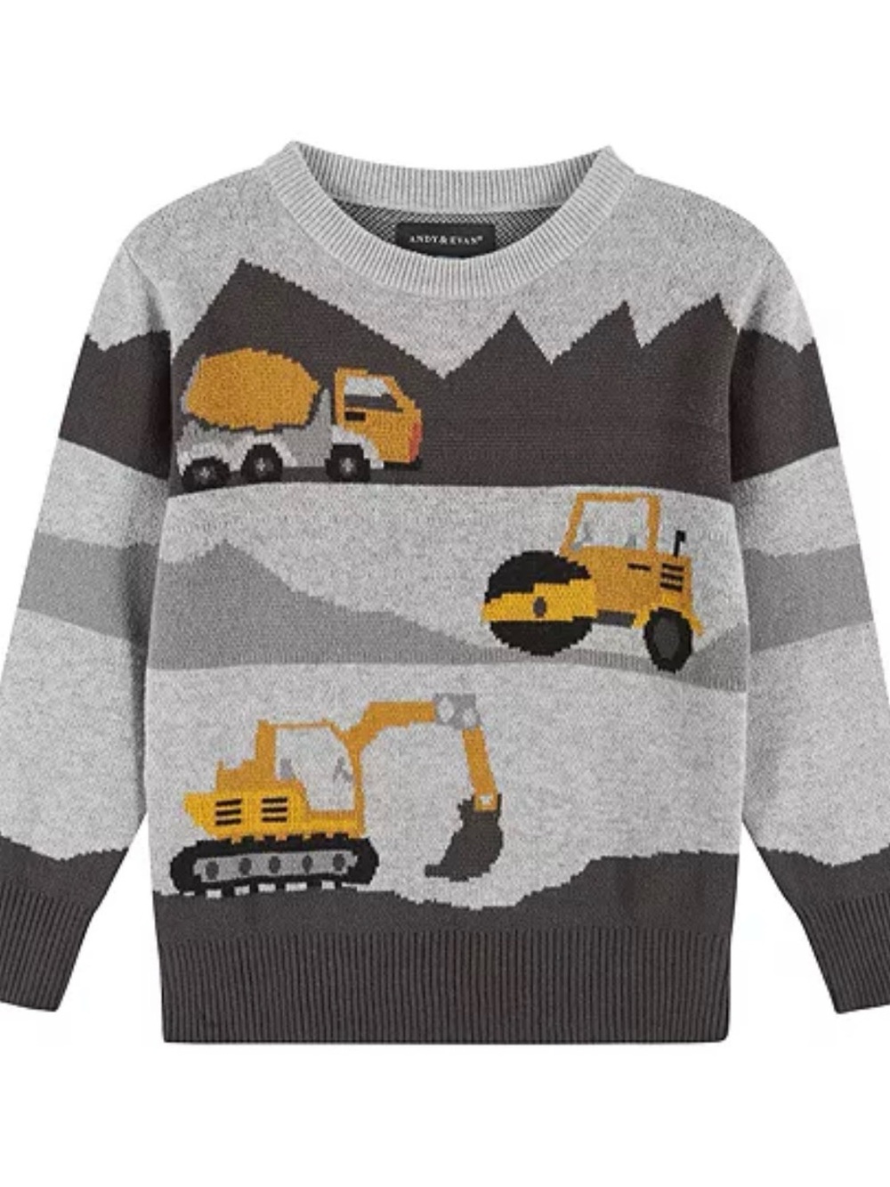 Andy & Evan Gray Sweater with Yellow Construction Vehicle Motifs